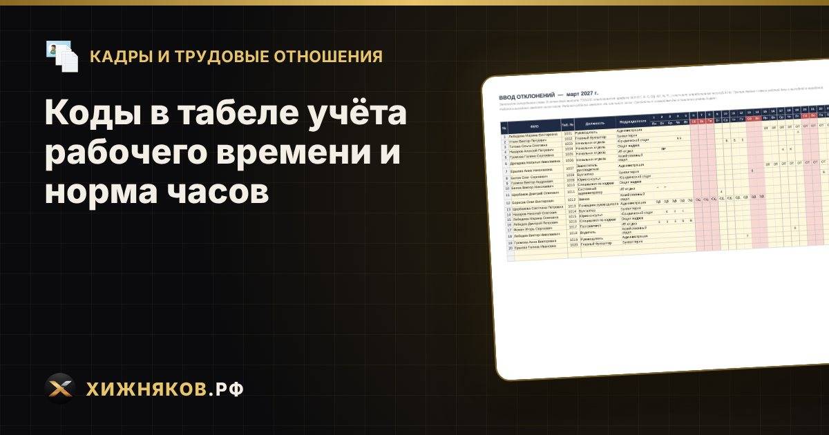 Коды в табеле учёта рабочего времени и норма часов
