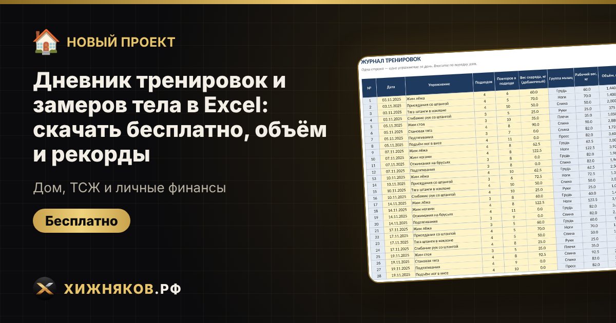Дневник тренировок и замеров тела в Excel: скачать бесплатно, объём и рекорды — фото 1