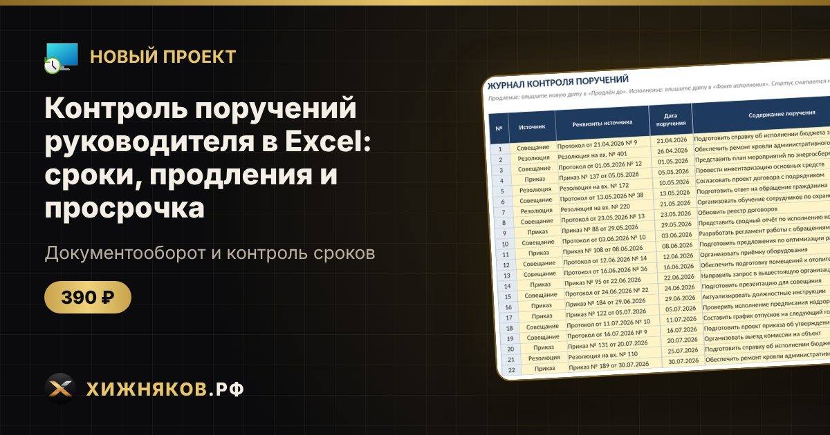 🆕 Новый проект: Контроль поручений руководителя в Excel: сроки, продления и просрочка