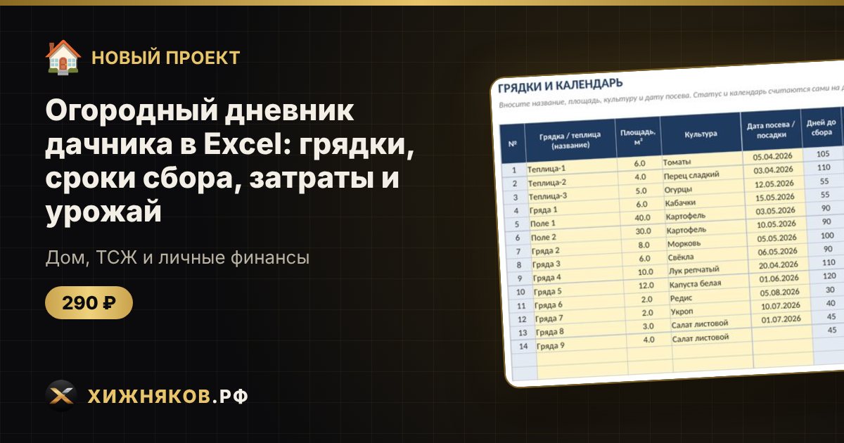 Огородный дневник дачника в Excel: грядки, сроки сбора, затраты и урожай — фото 1