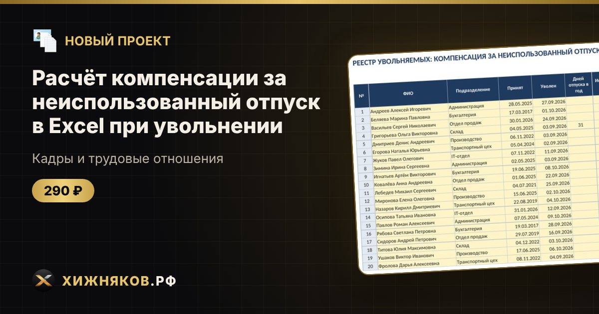 🆕 Новый проект: Расчёт компенсации за неиспользованный отпуск в Excel при увольнении