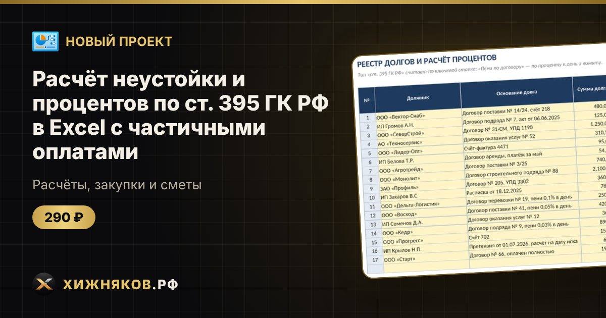 🆕 Новый проект: Расчёт неустойки и процентов по ст. 395 ГК РФ в Excel с частичными оплатами