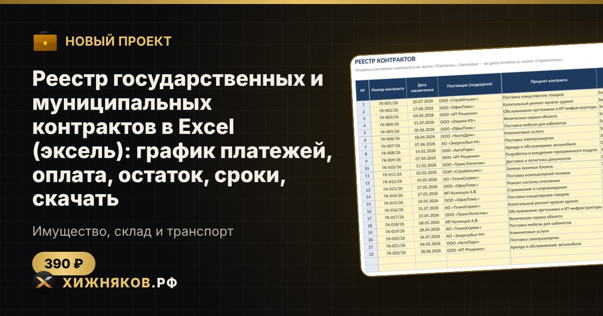 Реестр государственных и муниципальных контрактов в Excel (эксель): график платежей, оплата, остаток, сроки, скачать — фото 1