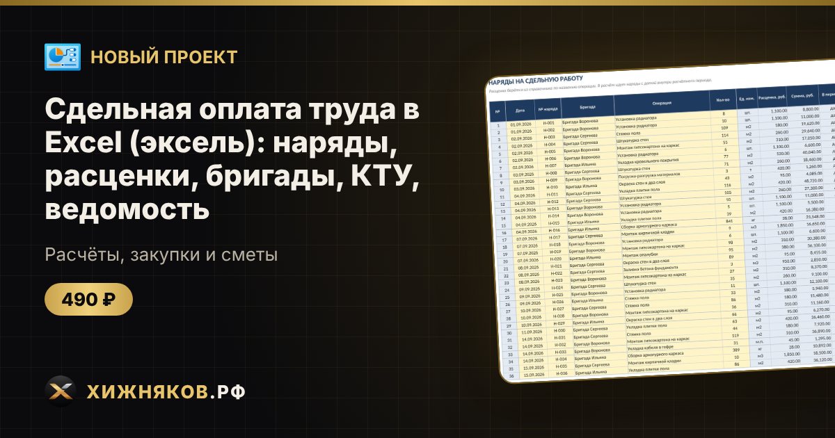 Сдельная оплата труда в Excel (эксель): наряды, расценки, бригады, КТУ, ведомость — фото 1