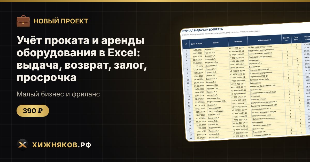 Учёт проката и аренды оборудования в Excel: выдача, возврат, залог, просрочка — фото 1