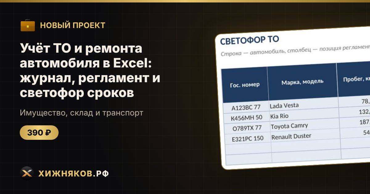 🆕 Новый проект: Учёт ТО и ремонта автомобиля в Excel: журнал, регламент и светофор сроков