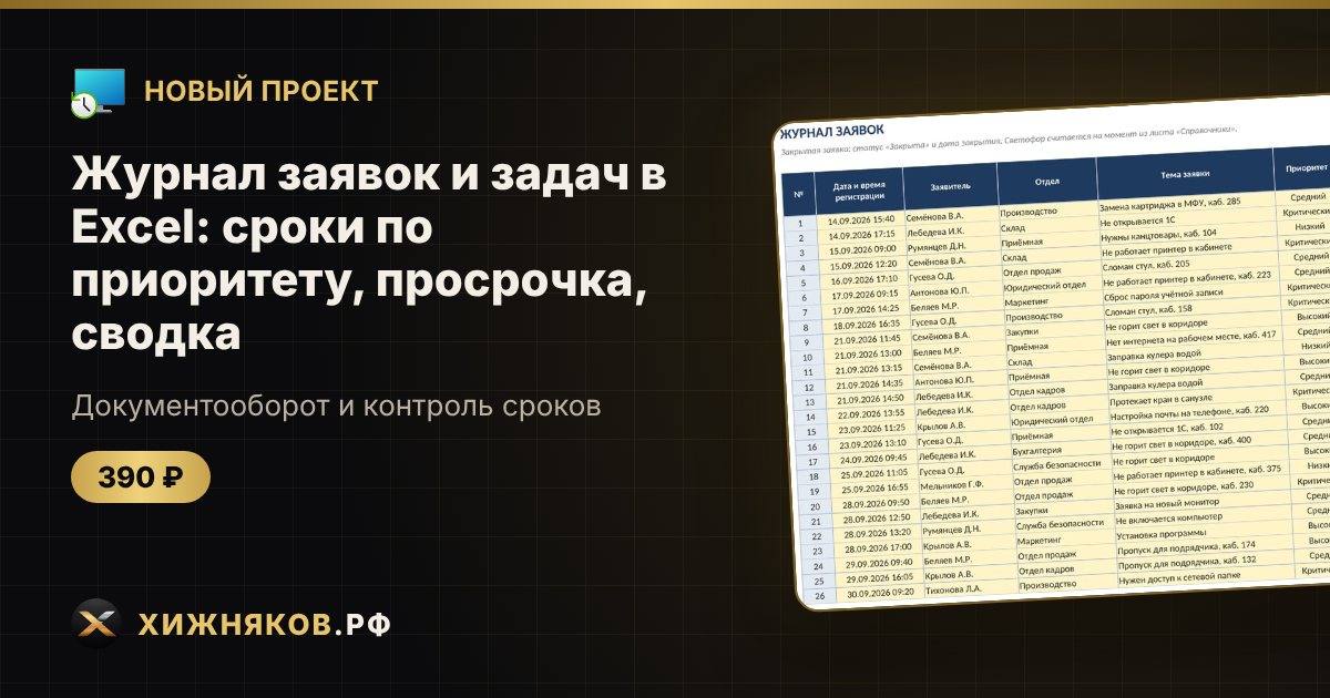 🆕 Новый проект: Журнал заявок и задач в Excel: сроки по приоритету, просрочка, сводка