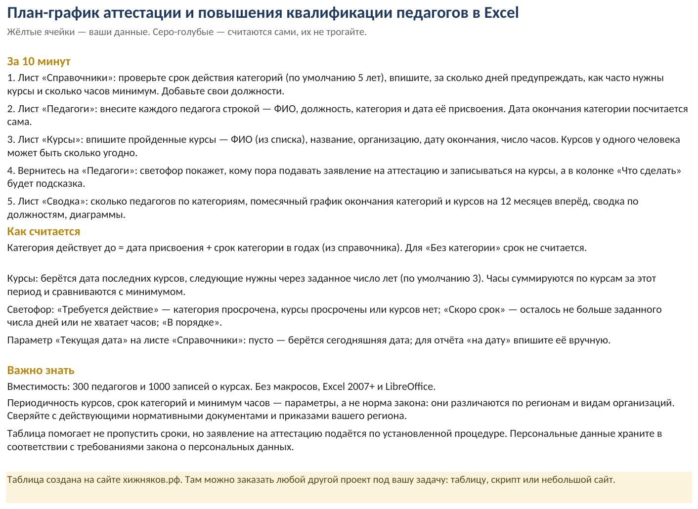 План-график аттестации и повышения квалификации педагогов в Excel: скачать образец — скриншот