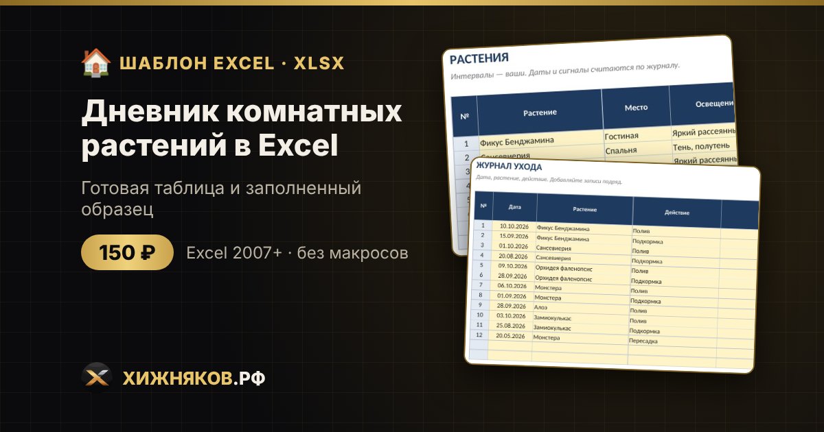 Дневник комнатных растений в Excel: график полива и подкормки