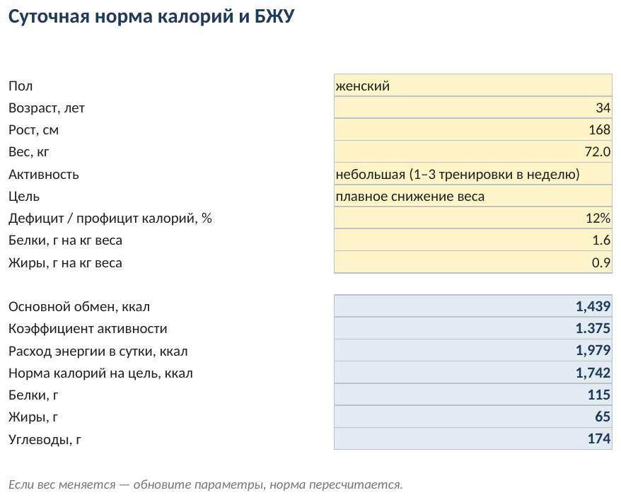 Дневник питания и калорий в Excel — скриншот