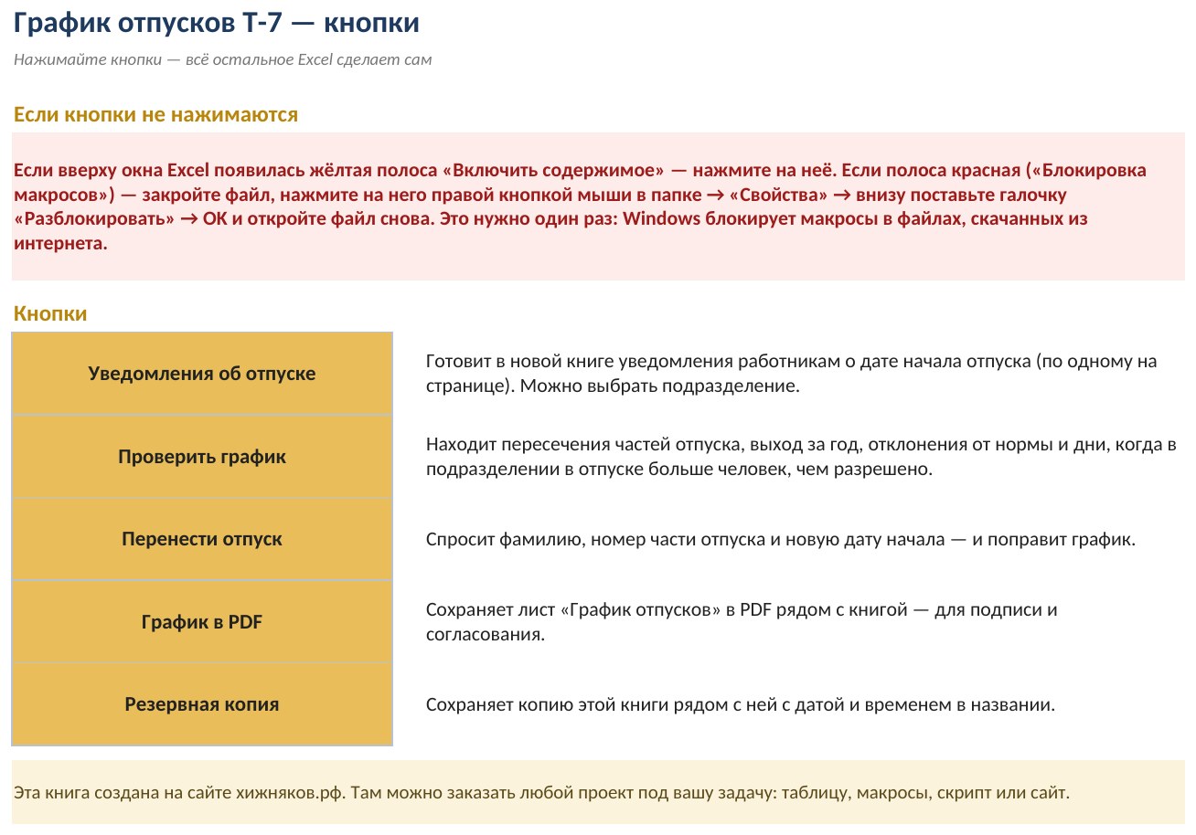 График отпусков Т-7 с макросами в Excel — скриншот