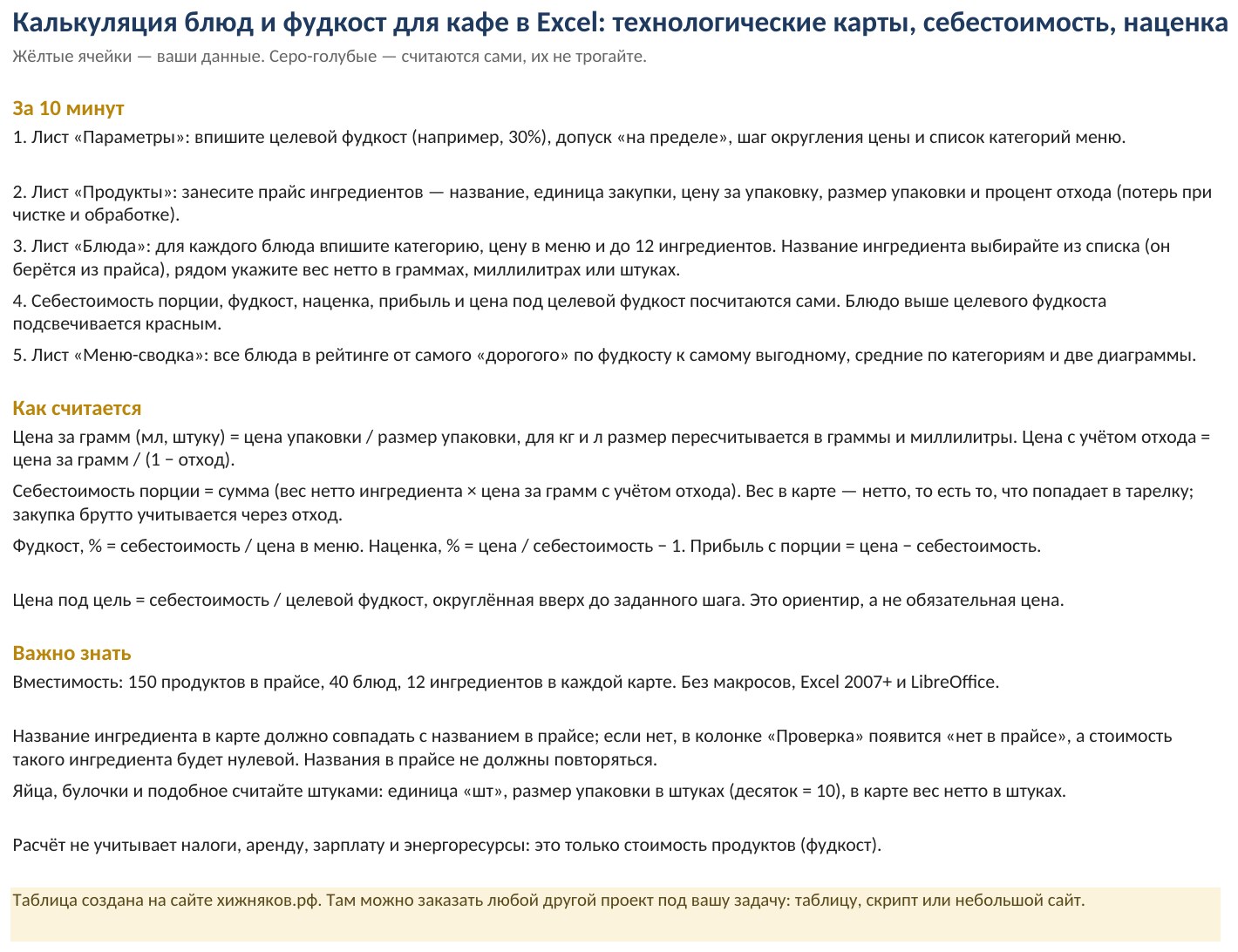 Калькуляция блюд и фудкост для кафе в Excel: технологические карты, себестоимость, наценка — скриншот