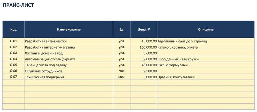 Коммерческое предложение и прайс-лист в Excel — скриншот