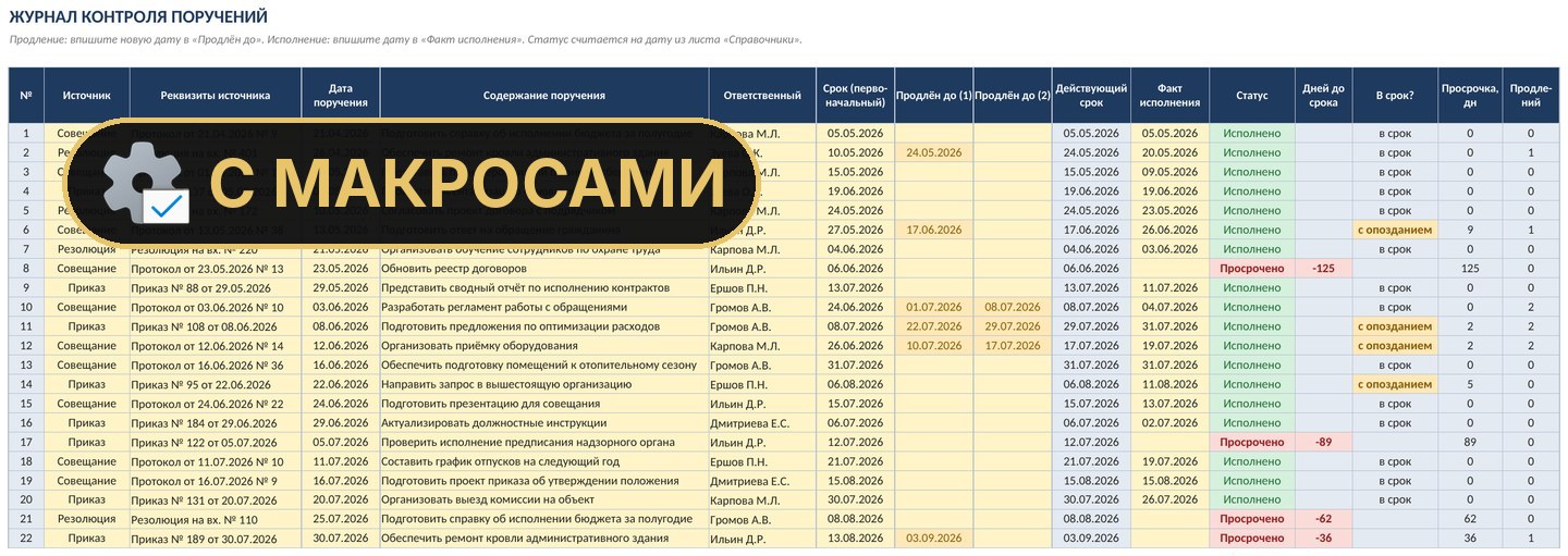 Контроль поручений руководителя с макросами в Excel
