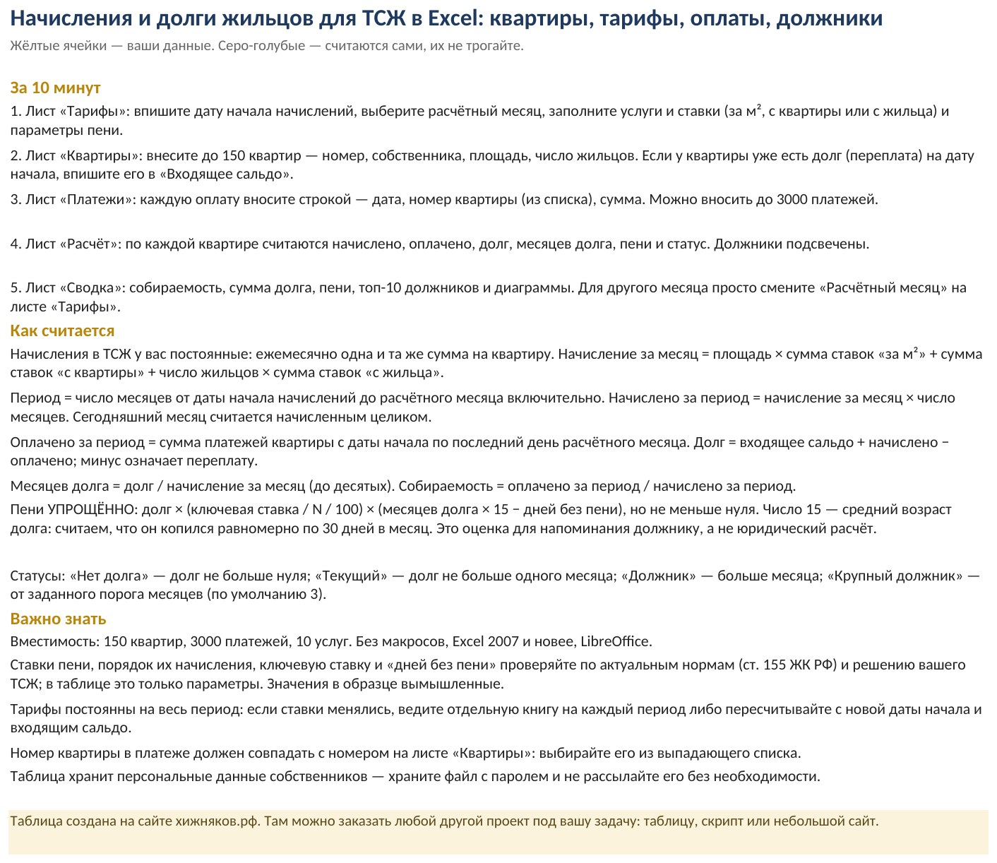 Начисления и долги жильцов для ТСЖ в Excel: квартиры, тарифы, оплаты, должники — скриншот