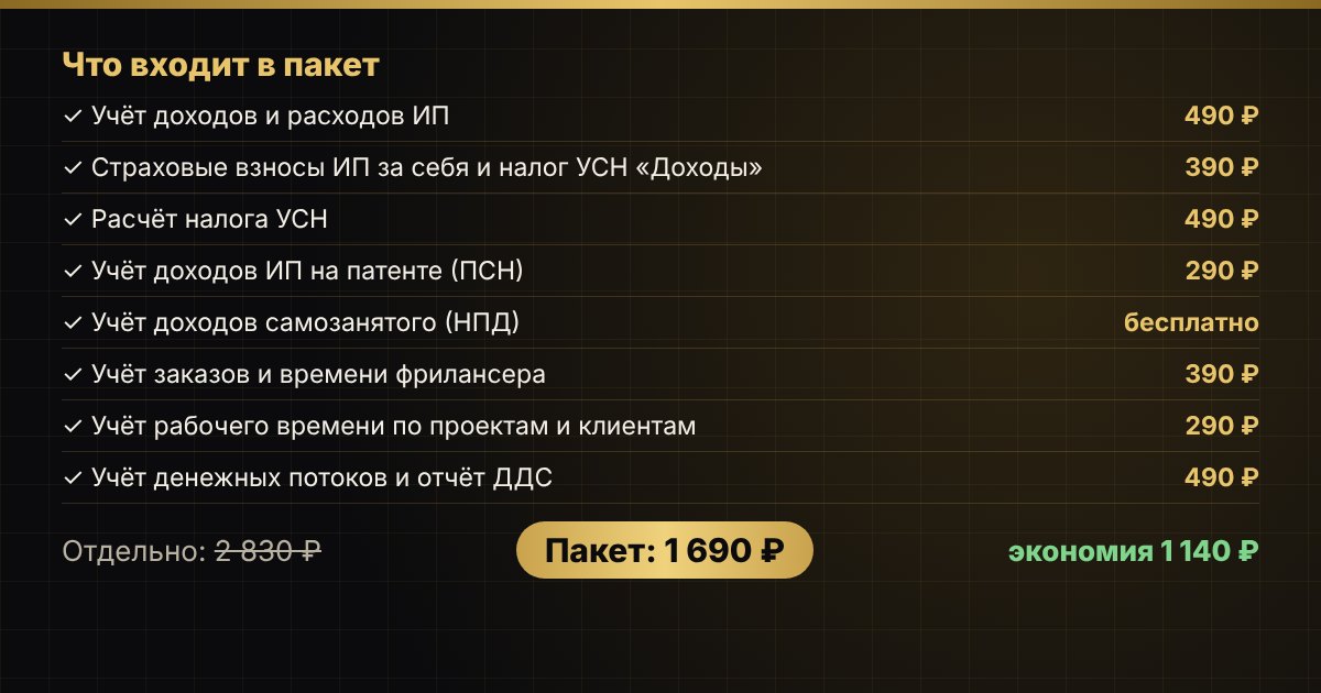 Пакет «ИП и фрилансер: доходы, налоги, заказы» в Excel — скриншот
