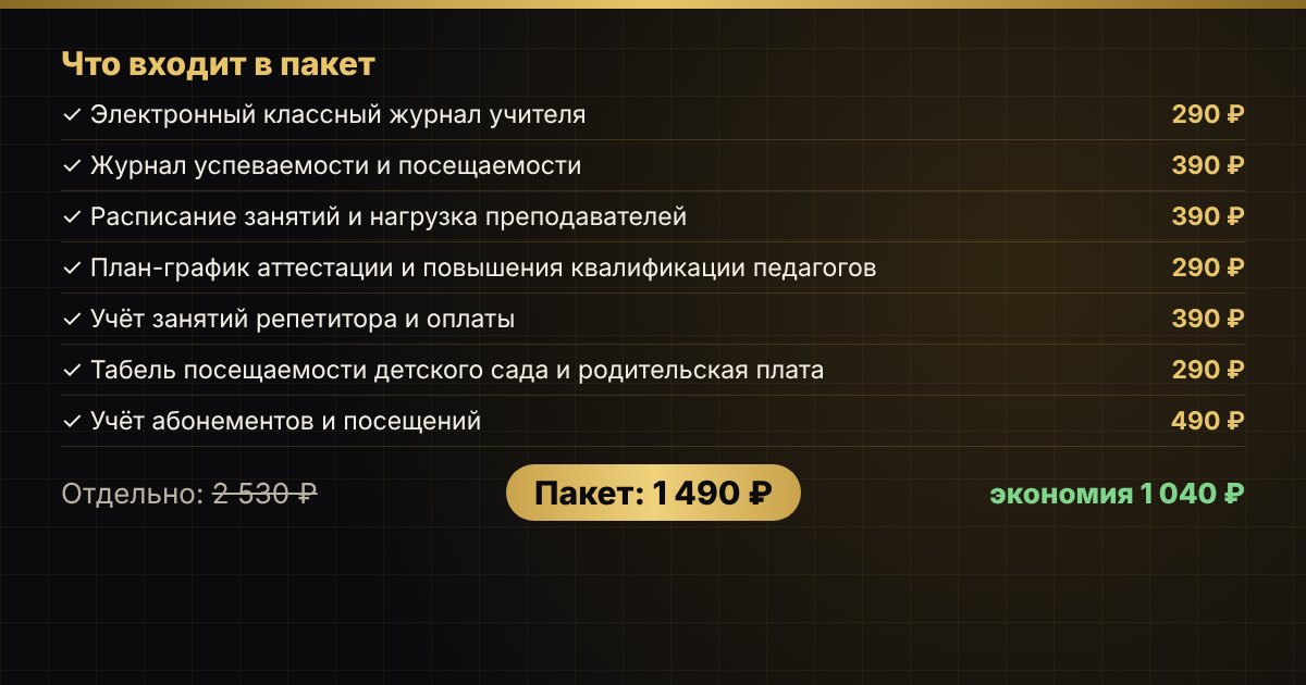Пакет «Образование: школа, детсад, репетитор» в Excel — скриншот
