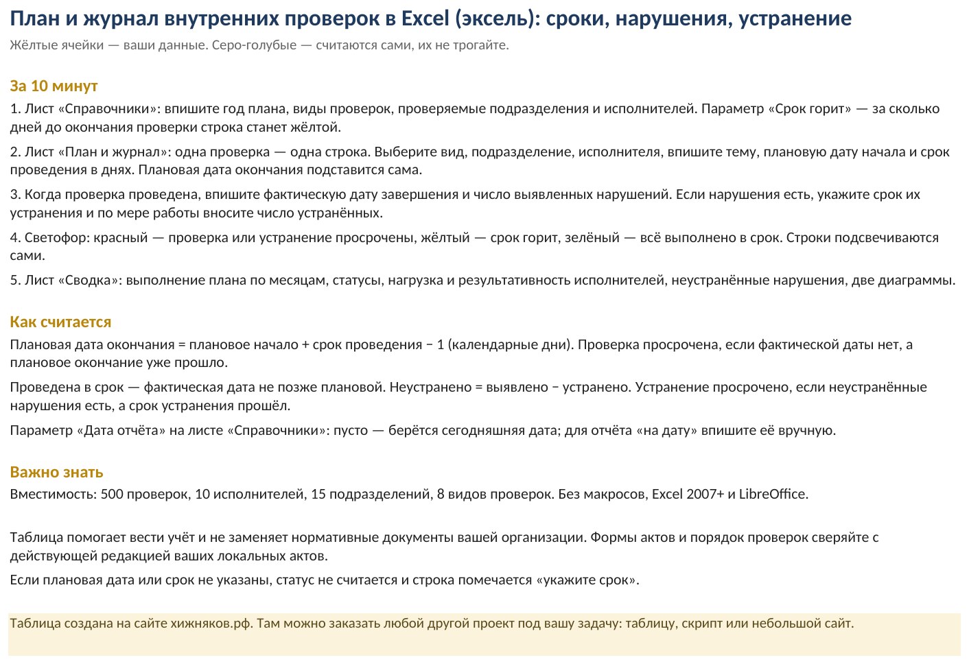 План и журнал внутренних проверок в Excel: план-график, нарушения, устранение — скачать образец — скриншот