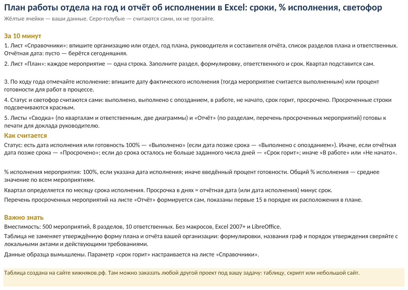 План работы отдела на год и отчёт об исполнении в Excel: образец, шаблон, скачать — скриншот