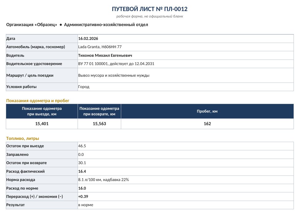 Путевые листы и учёт ГСМ в Excel: расход топлива по норме — скриншот