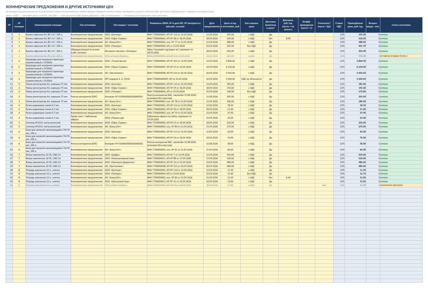Расчёт НМЦК по 44-ФЗ в Excel: калькулятор метода сопоставимых рыночных цен — скриншот