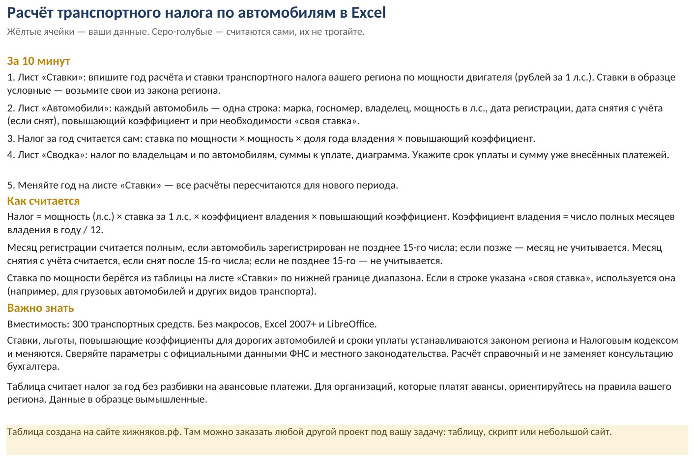 Расчёт транспортного налога по автомобилям в Excel: скачать таблицу — скриншот