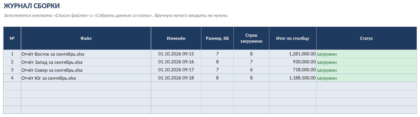 Сборщик файлов из папки в Excel (макрос) — скриншот