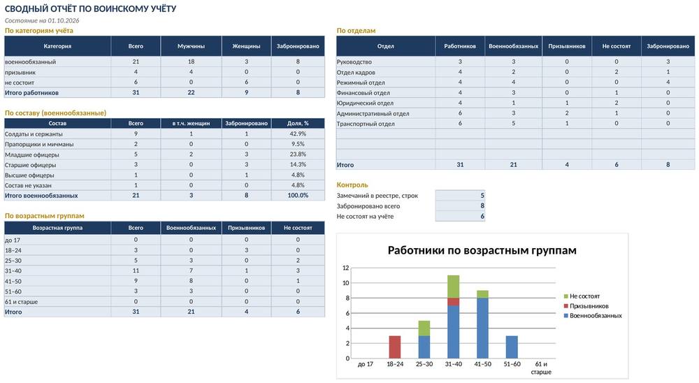 Сводный отчёт по воинскому учёту в Excel: реестр работников, категории, возраст, проверки — скриншот