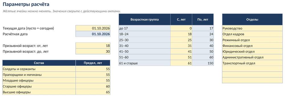 Сводный отчёт по воинскому учёту в Excel: реестр работников, категории, возраст, проверки — скриншот