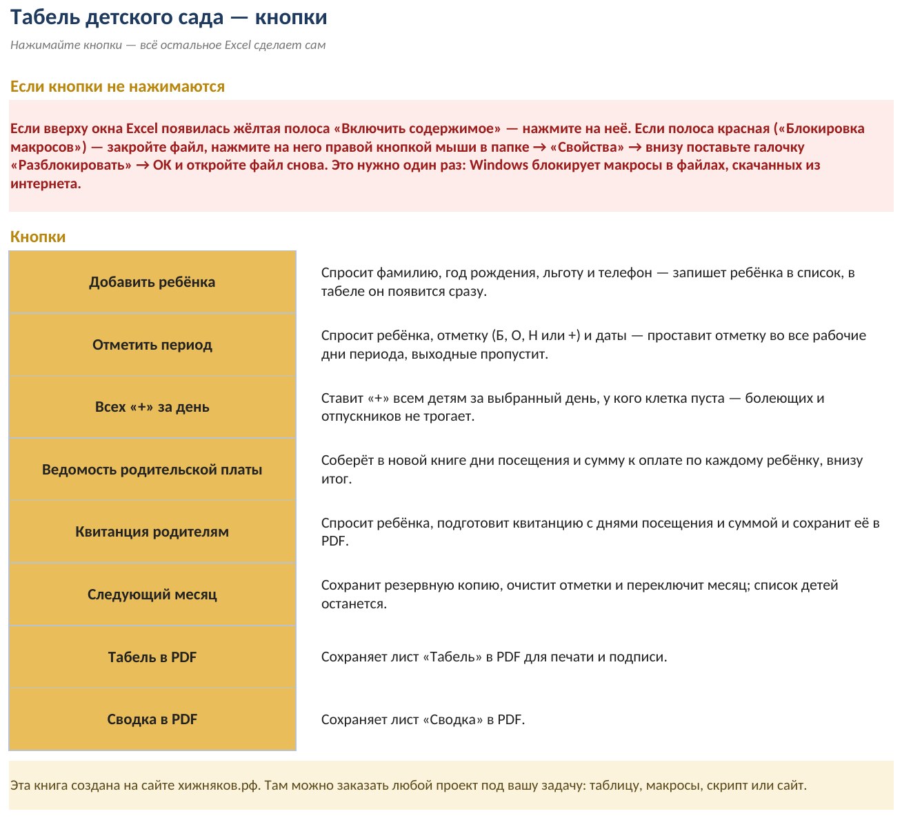 Табель посещаемости детского сада с макросами в Excel: квитанции родителям кнопкой — скриншот