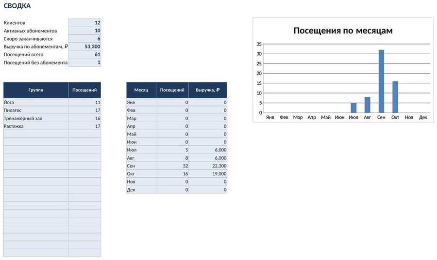 Учёт абонементов и посещений в Excel — скриншот