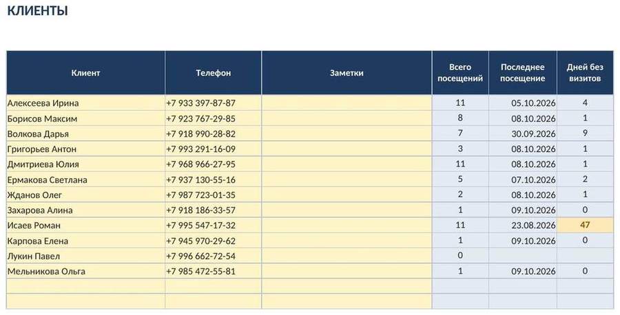 Учёт абонементов и посещений в Excel — скриншот