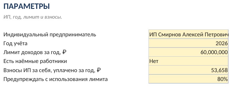 Учёт доходов ИП на патенте (ПСН) в Excel: лимит, сроки и суммы оплаты, скачать — скриншот