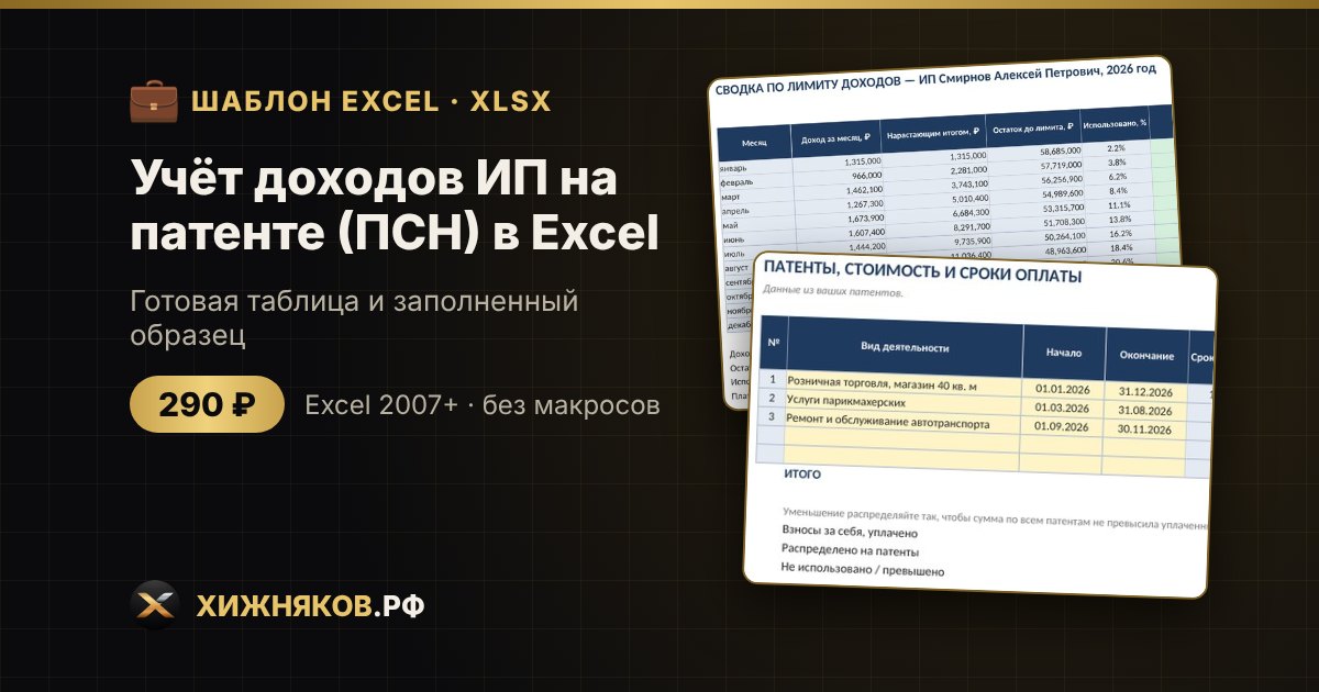 Учёт доходов ИП на патенте (ПСН) в Excel: лимит, сроки и суммы оплаты, скачать