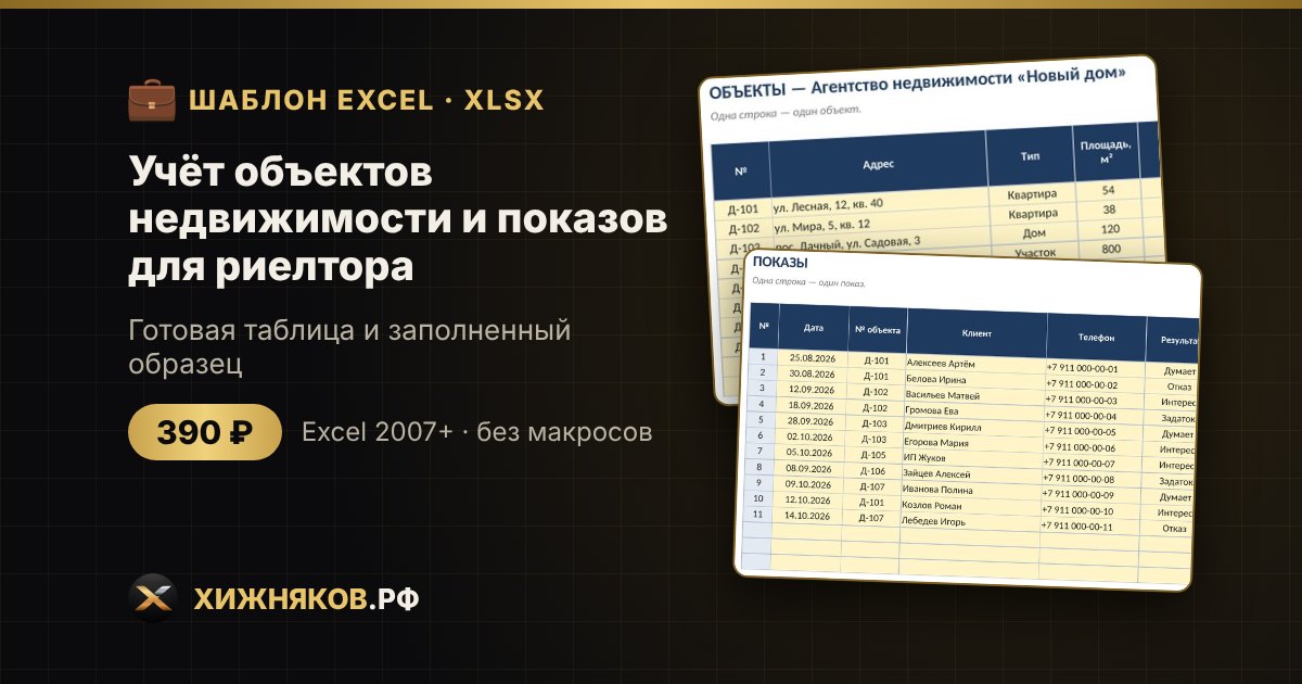 Учёт объектов недвижимости и показов для риелтора в Excel