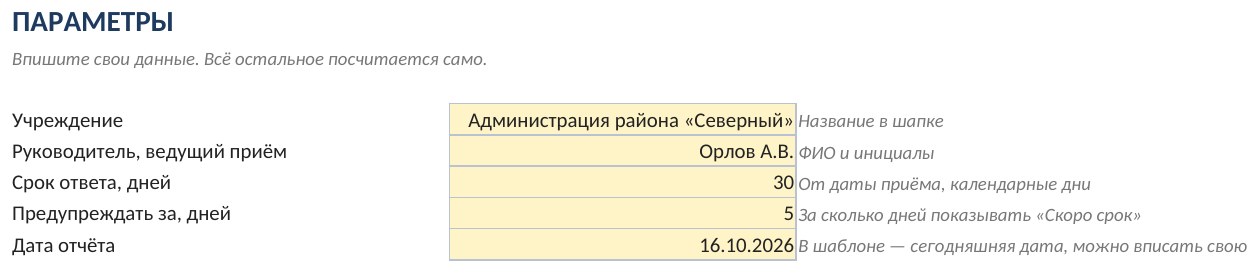 Журнал личного приёма граждан в Excel: сроки ответов и контроль — скриншот
