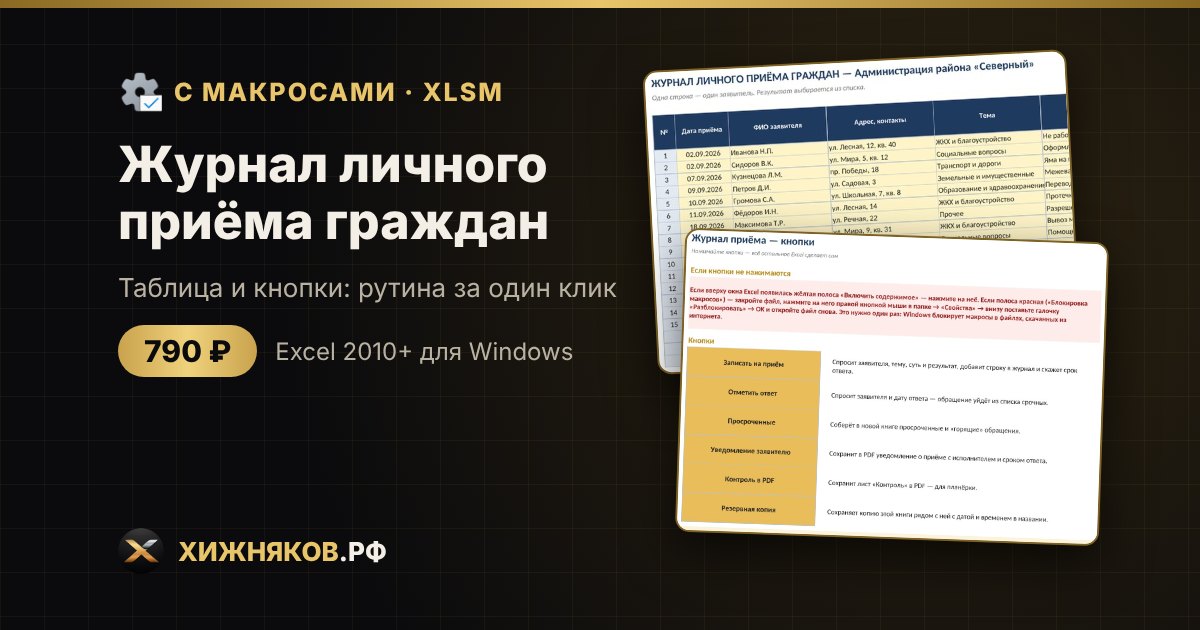 Журнал личного приёма граждан с макросами в Excel: уведомление заявителю и контроль сроков кнопкой