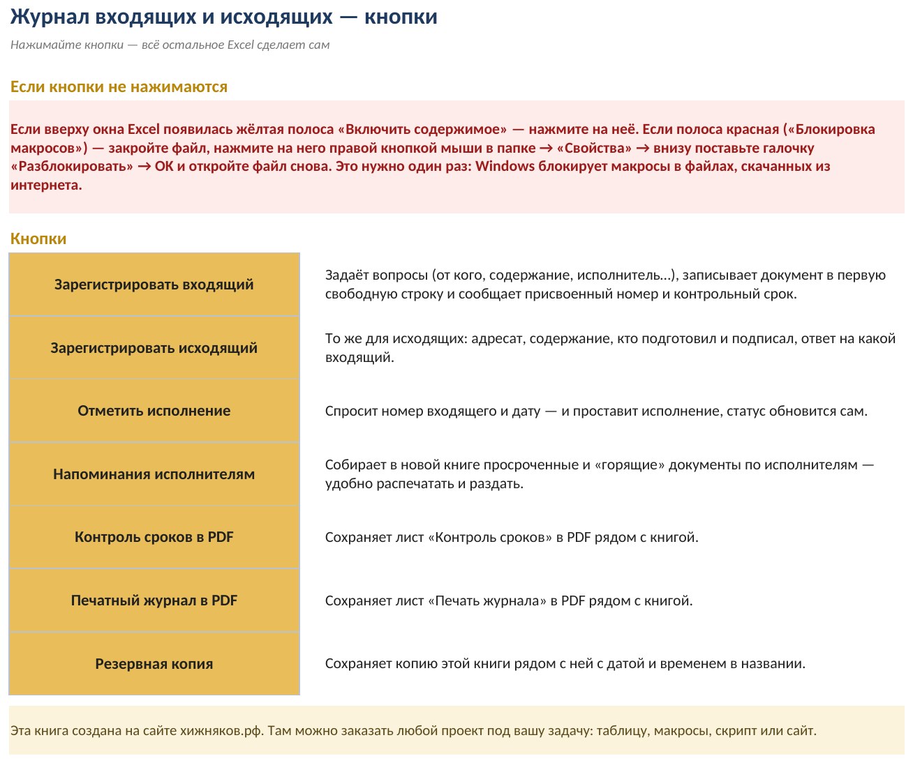 Журнал входящих и исходящих документов с макросами в Excel — скриншот